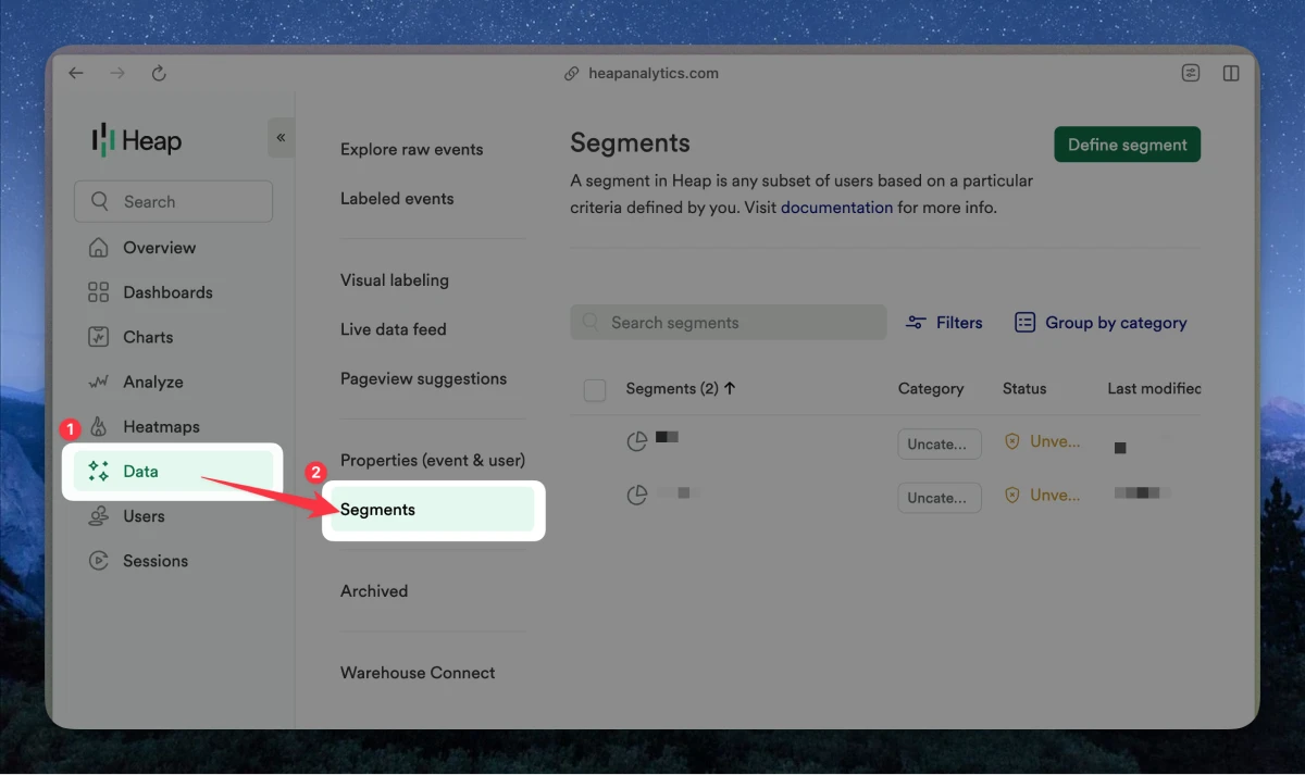 Heap admin UI to find Segments