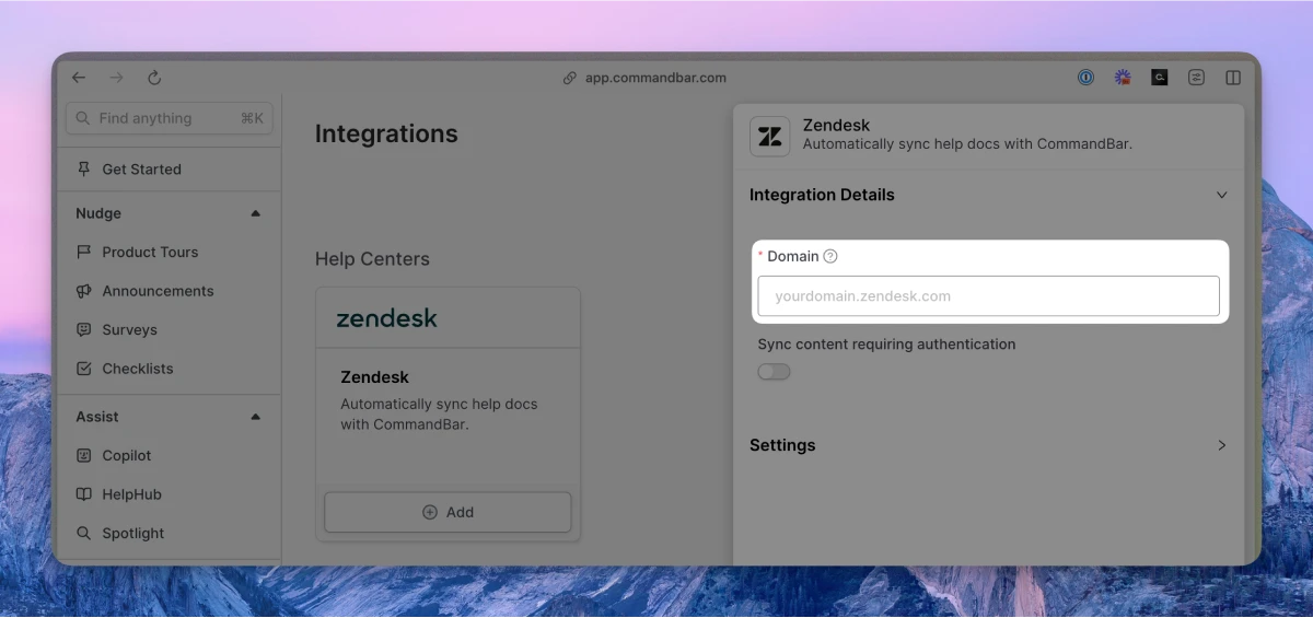 Zendesk domain input